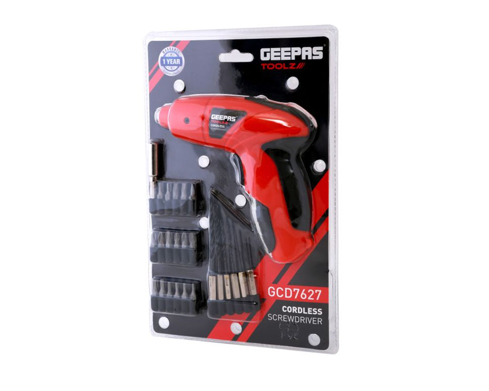 GEEPAS 3.6V ELECTRIC CORDLESS RED SCREWDRIVER SET WITH POWER MOTOR & RECHARGEABLE 600MAH INTERNAL BATTERY